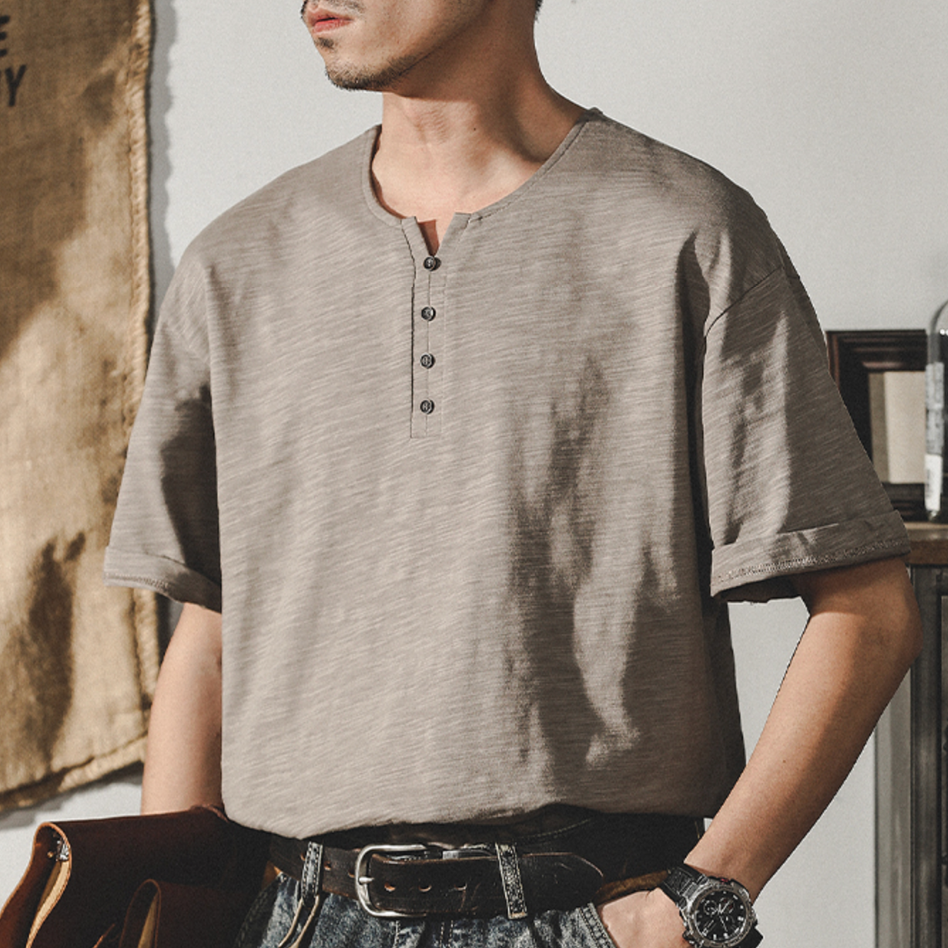 Henry Collar Short-sleeved Simple T-shirt A0966