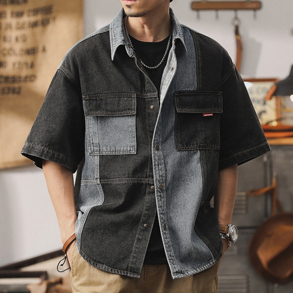 Stitching Contrast Color Denim Shirt A0989
