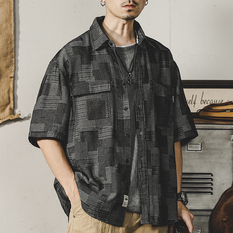 Plaid Denim Shirt Short-sleeved A0985