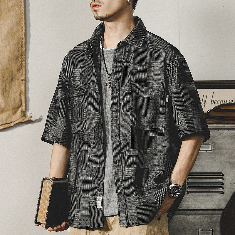 Plaid Denim Shirt Short-sleeved A0985
