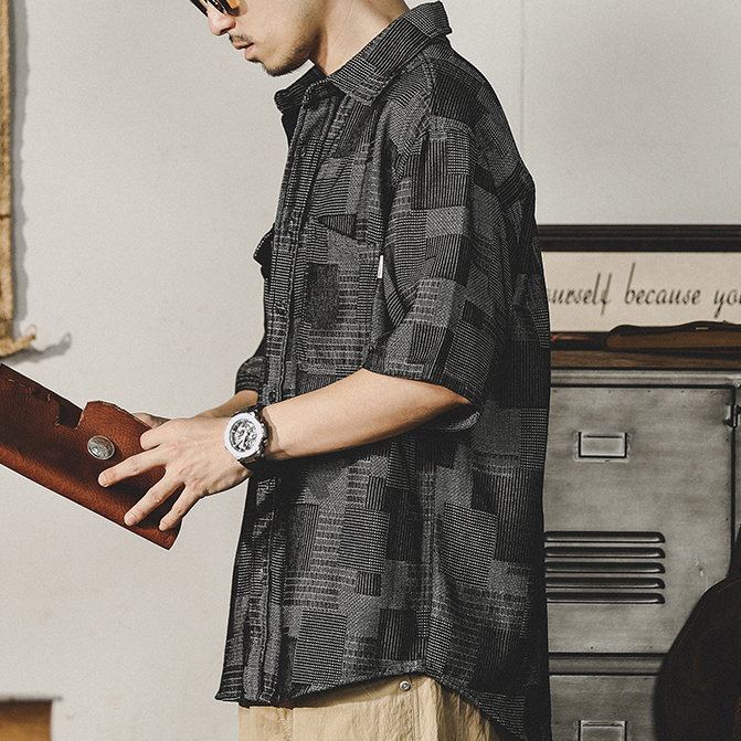 Plaid Denim Shirt Short-sleeved A0985