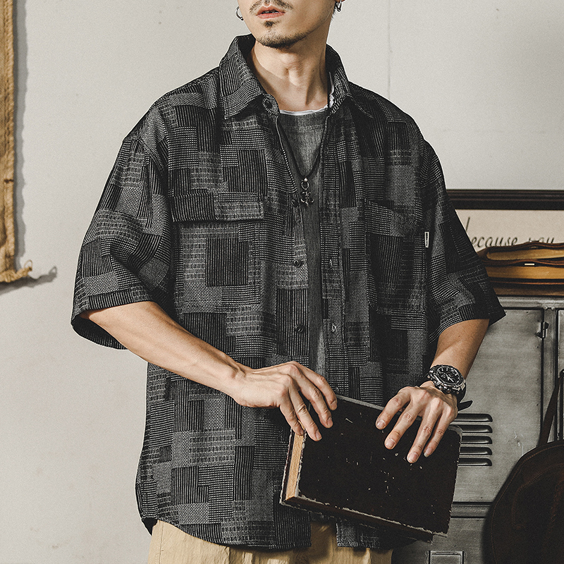 Plaid Denim Shirt Short-sleeved A0985
