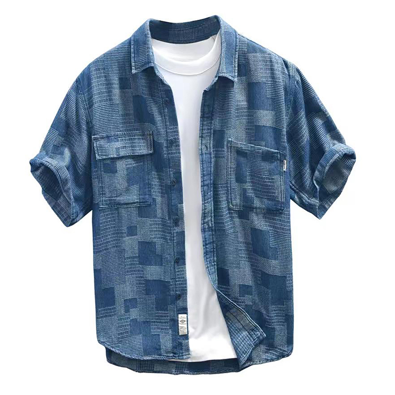 Plaid Denim Shirt Short-sleeved A0985