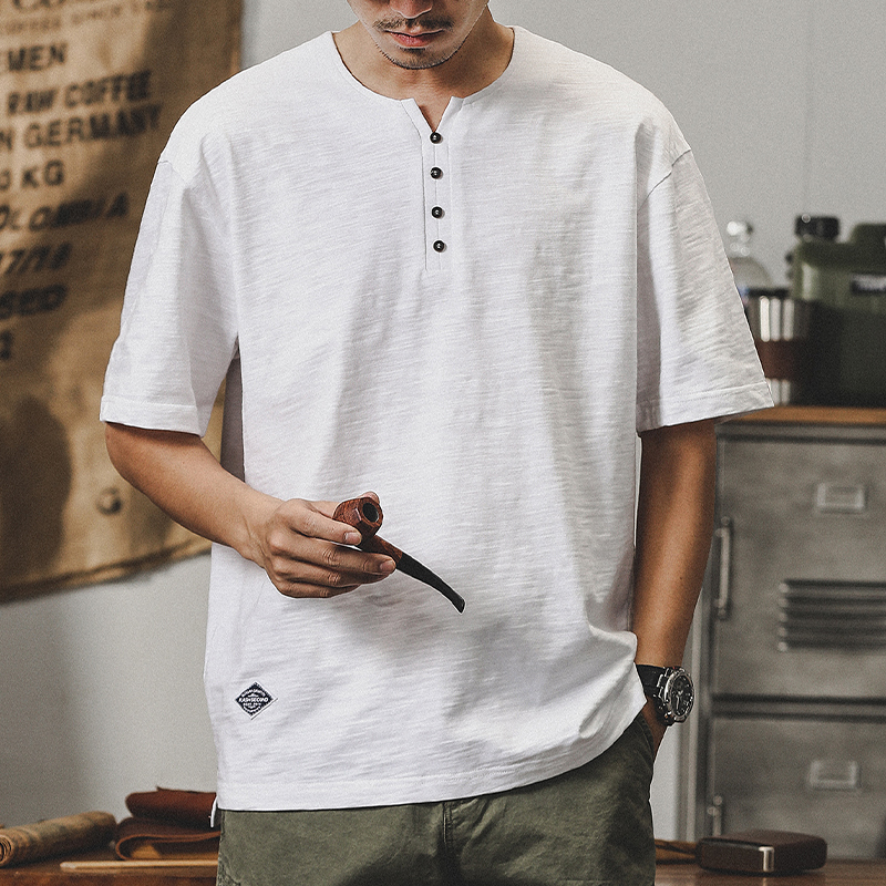 Henry Collar Short-sleeved Simple T-shirt A0966