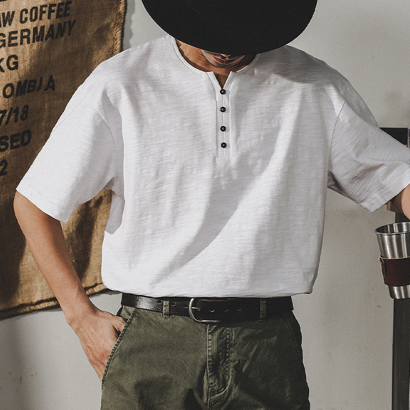 Henry Collar Short-sleeved Simple T-shirt A0966