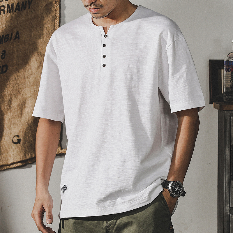 Henry Collar Short-sleeved Simple T-shirt A0966