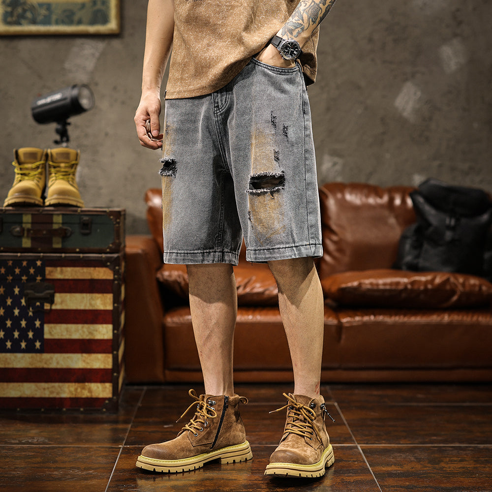 Ripped Straight Denim Shorts A1010
