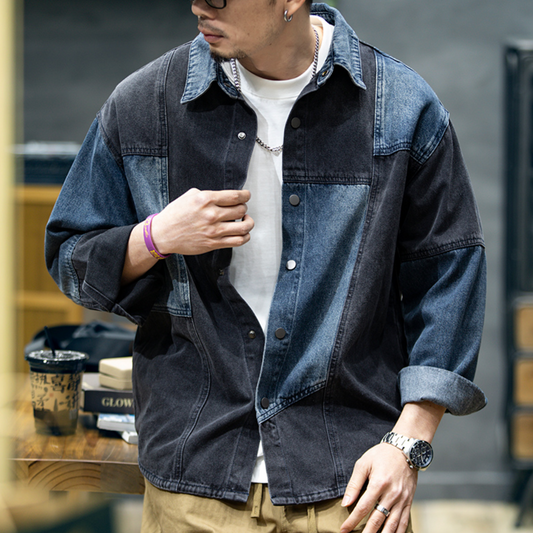 American Spliced Long-sleeved Denim Shirt A0794