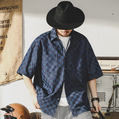 Color-woven Checkerboard Plaid Shirt A0986