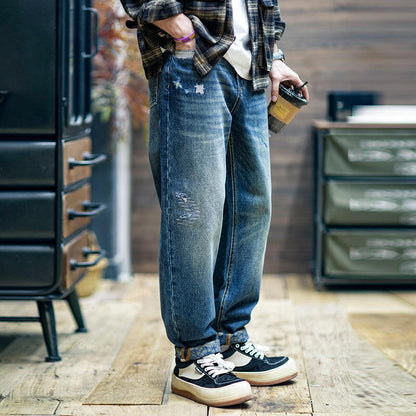 Broken Hole Jeans Loose Tapered Casual Pants A0471