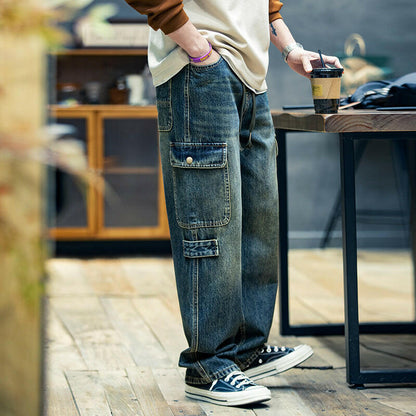Straight Jeans Loose Multi-Pocket Pants A0378