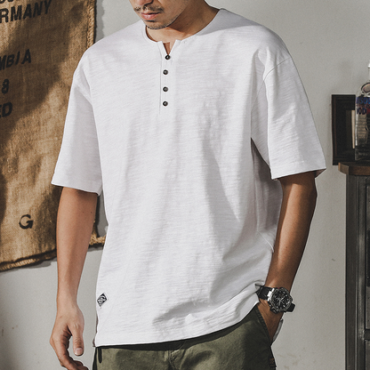 Henry Collar Short-sleeved Simple T-shirt A0966
