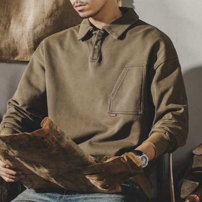 Distressed Lapel POLO Sweatshirt A0873