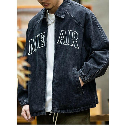 Black Cotton Denim Loose Embroidery Jacket A0405
