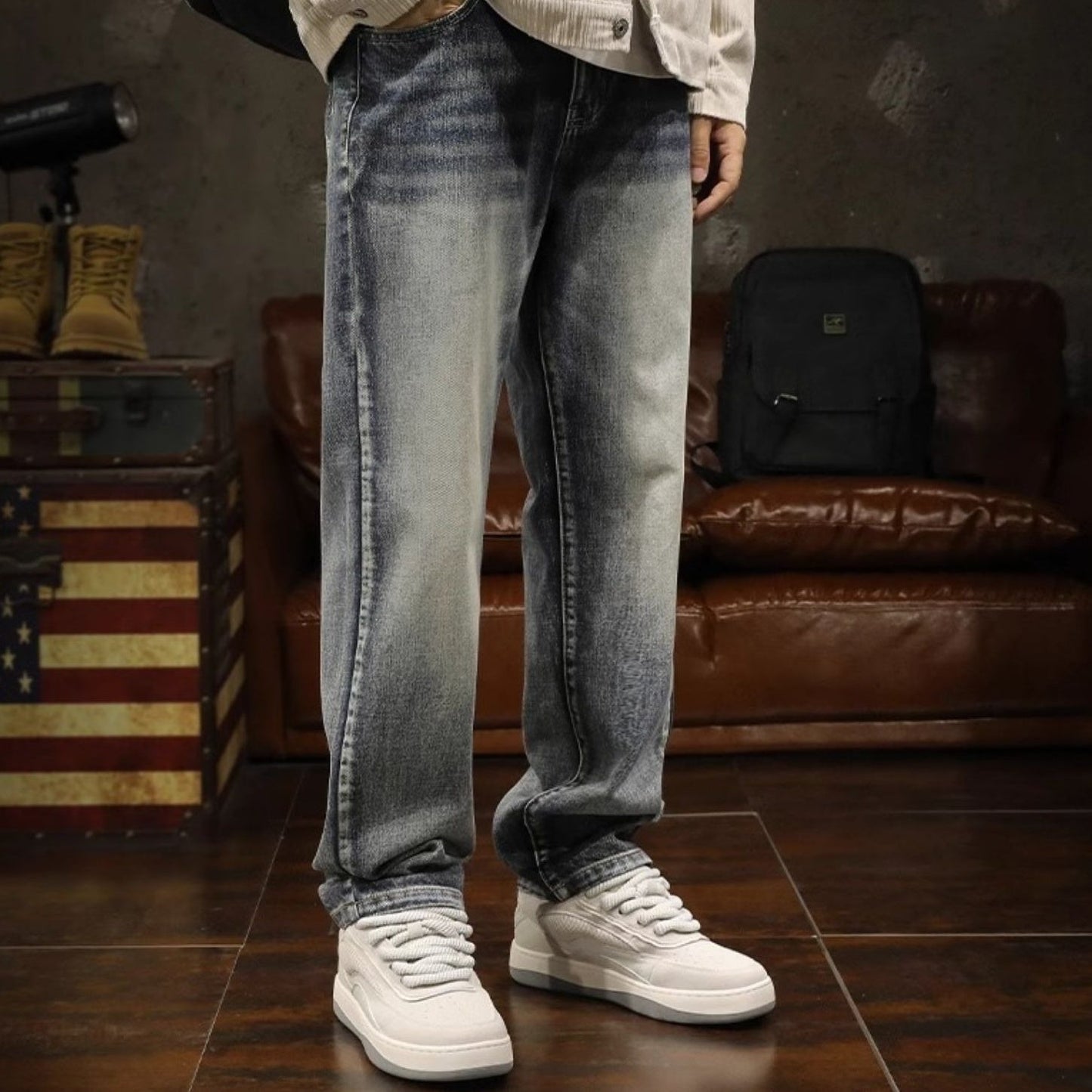 Washed Jeans Straight Pants A1113